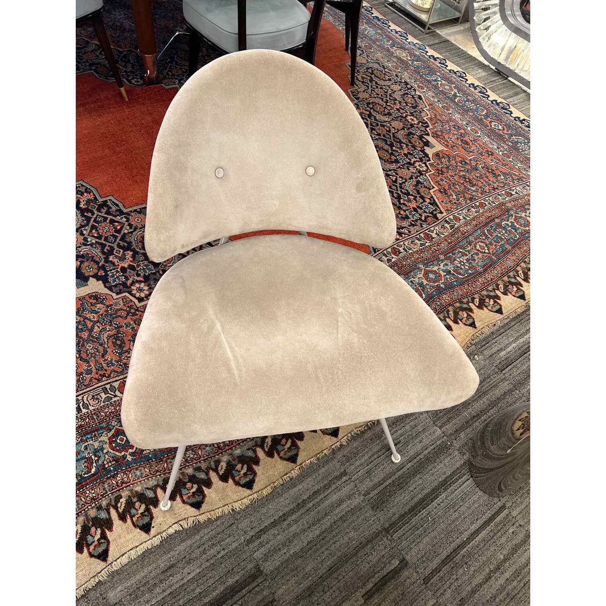 Pair of Mid Century Modern Suede Upholstered and Painted Metal Accent Chairs