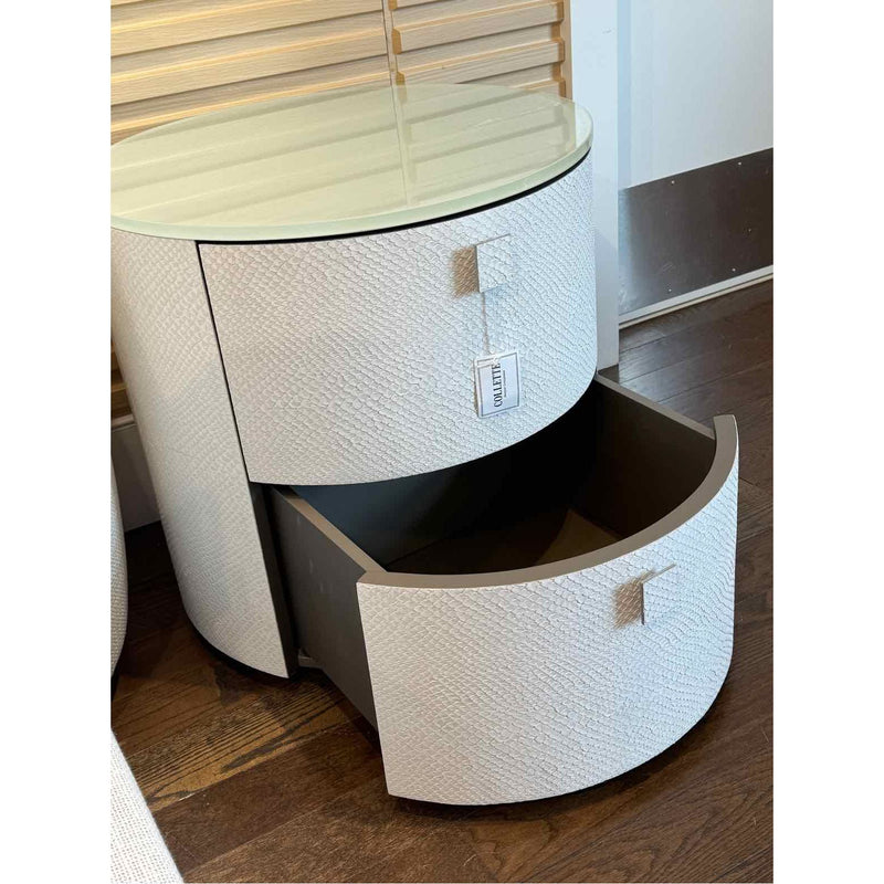 PAIR of GIO III Round White Snakeskin Bedside Tables w/ Milk Glass Top by Artefa