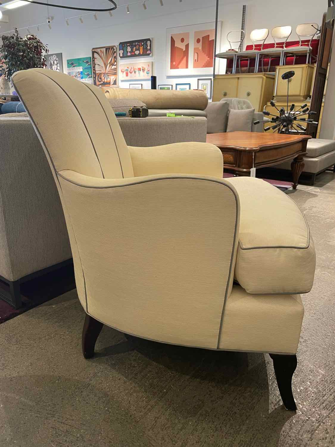 Beige Upholstered Scallop Chair w/ Gray Piping by Barbara Barry for Baker