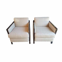 PAIR of Custom Beige Textured Linen Club Chairs w/ Dark Wood Frame