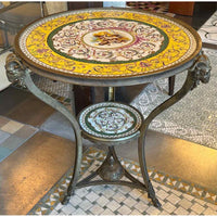 Antique Italian Brass Gueridon Table w/ Painted Cherubs & Goat Head Legs