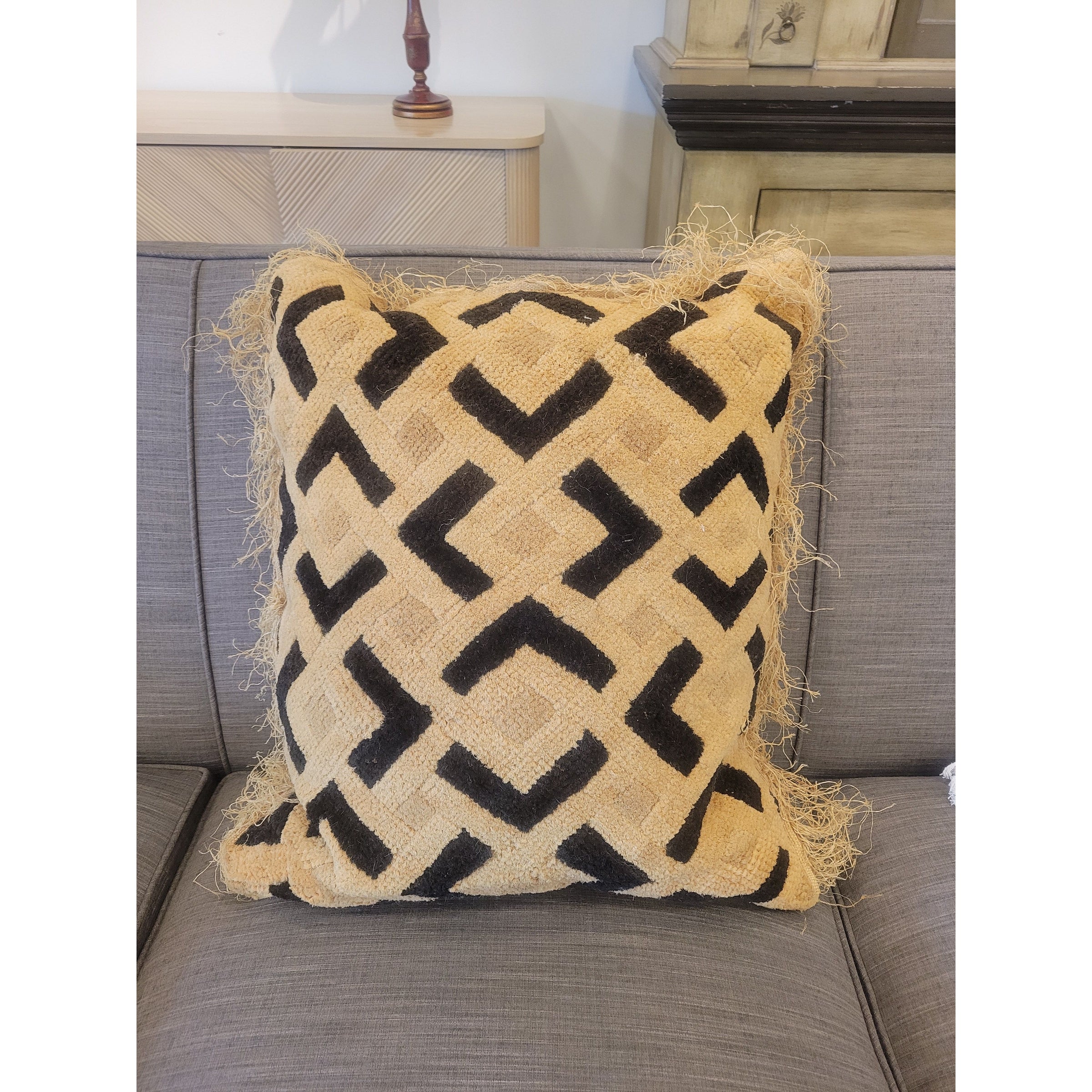 Tan & Black Natural Fiber Pillow w/ Trim on 3 Sides - colletteconsignment.com