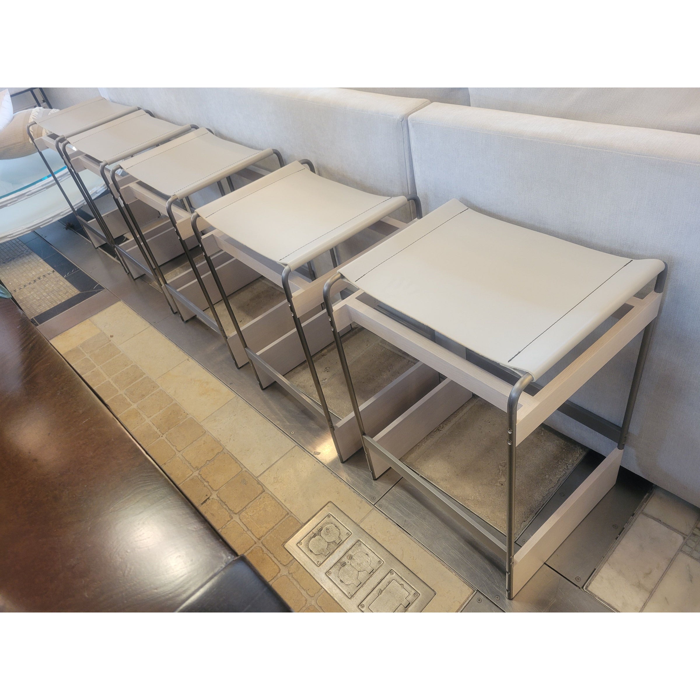 PAIR of Short Nickel Stools w/ Leather Seats by Michael Dawkins