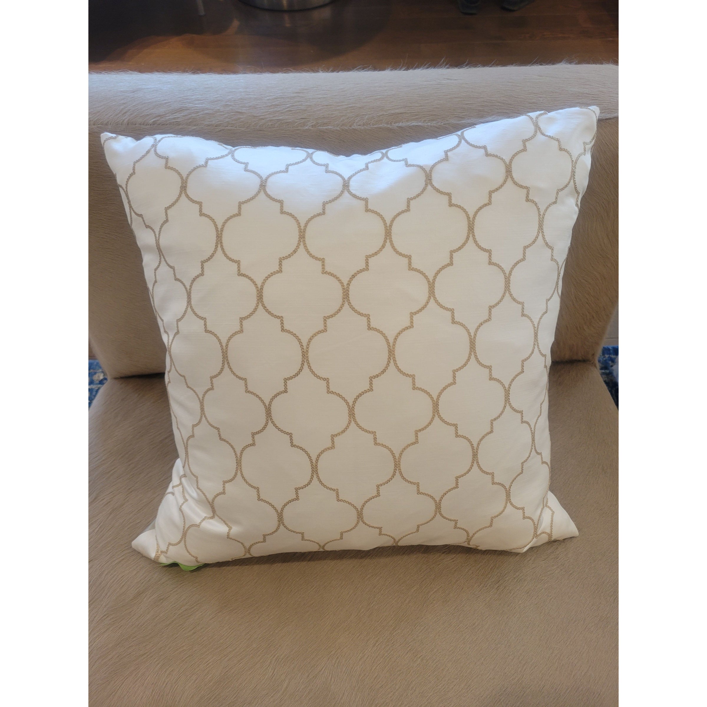 Pair of Square Silk Pillows w/ Leather Embroidered Pattern