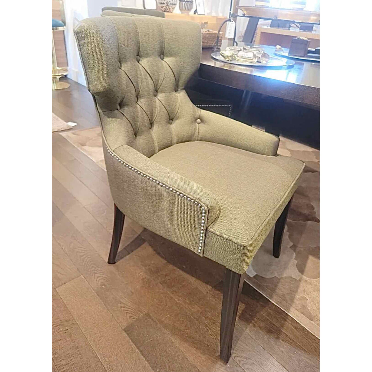 PAIR of Custom Tufted Green Twill Nailhead Chairs w/ Ebony Legs