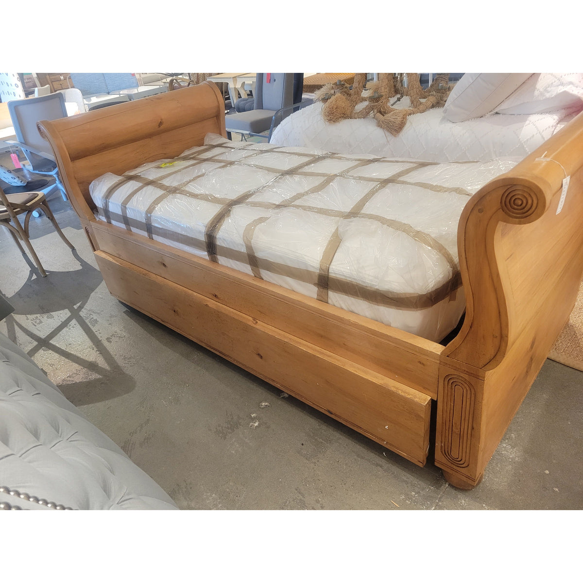 Twin-Sized French Empire Style Pine Bed w/ Twin Trundle