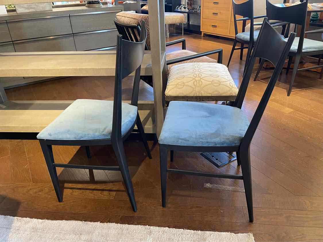 SET of 8 Black Wood Dining Chairs w/ Blue Velvet Seats by Paul McCobb