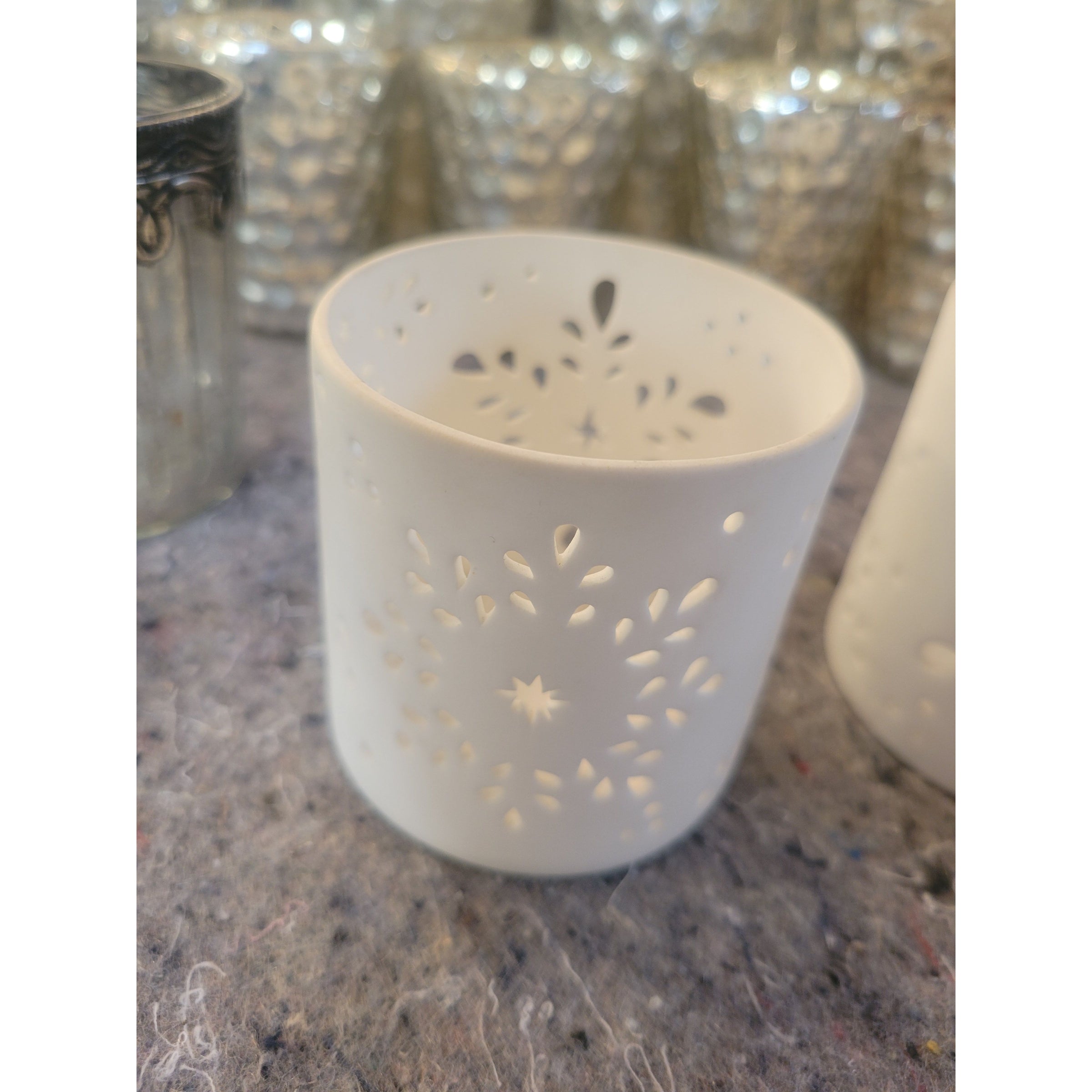 Pair of White Snowflake Votive Candle Holders