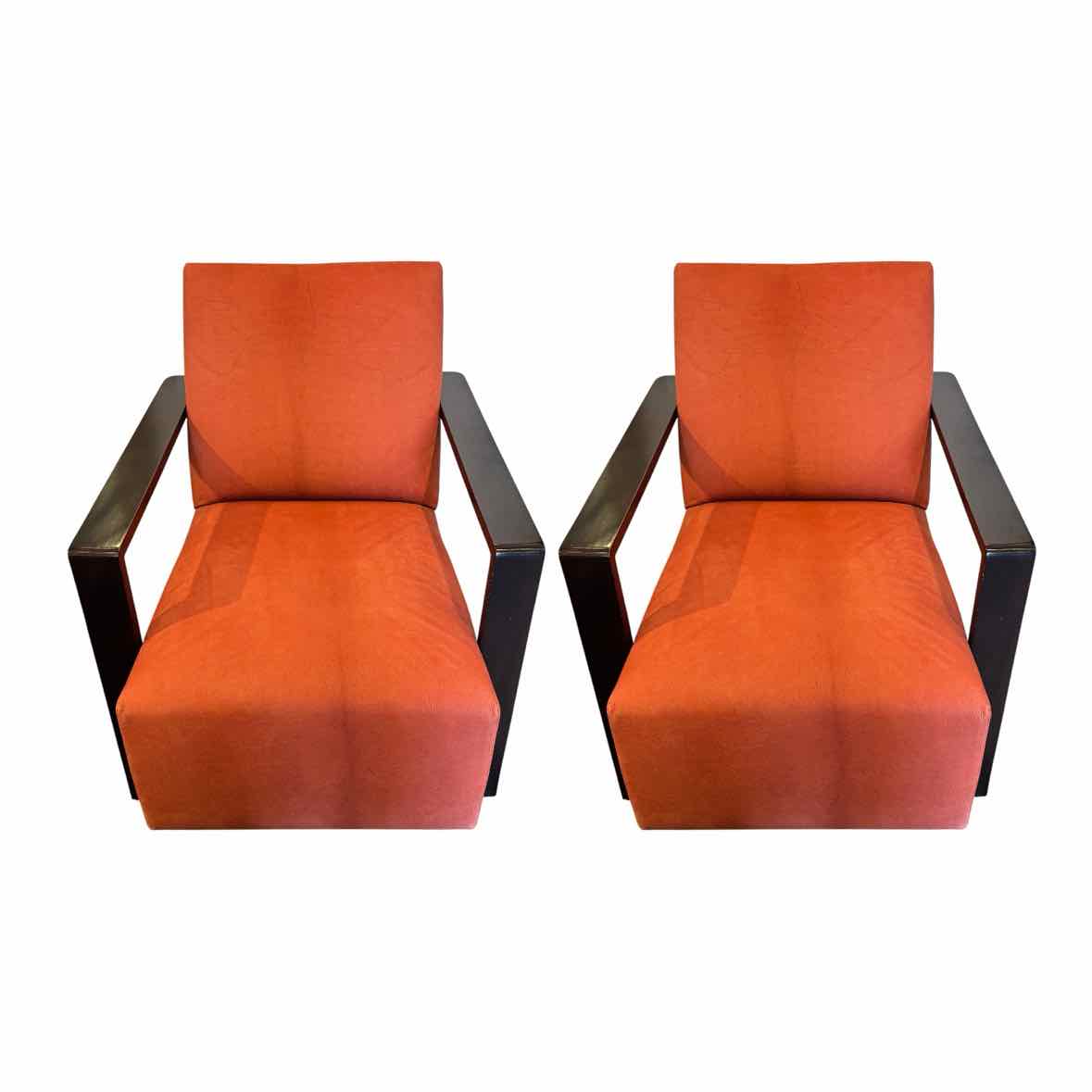PAIR of Dark Wood & Red Pebbled Leather Club Chairs - AS IS