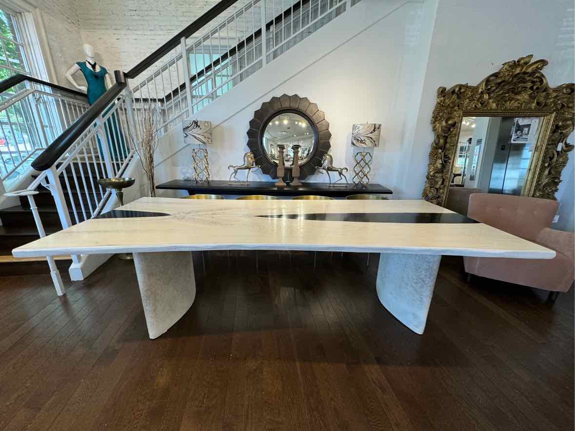 Custom Live Edge Top Table w/ Cow Hide Legs/ Chrome Details, 110"Lx46"Dx31.5"H