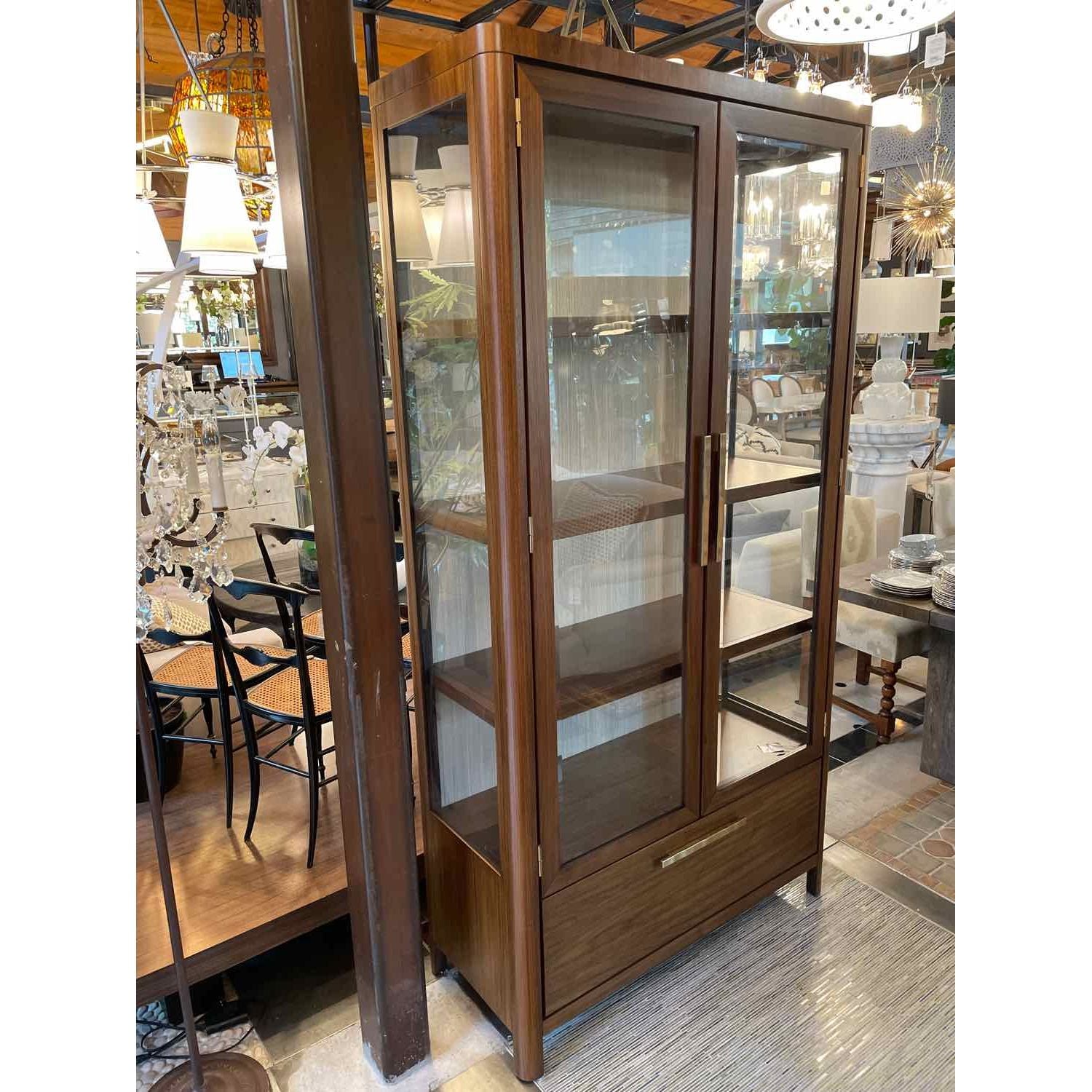 Walnut Eleana Cabinet w/ Beveled Glass Panel Doors & LED Lighting by Hooker