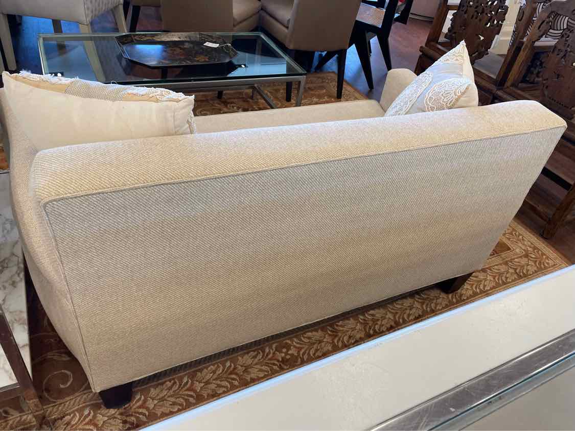 Custom Tan Chenille 2-Seat Sofa w/ Dark Wood Legs