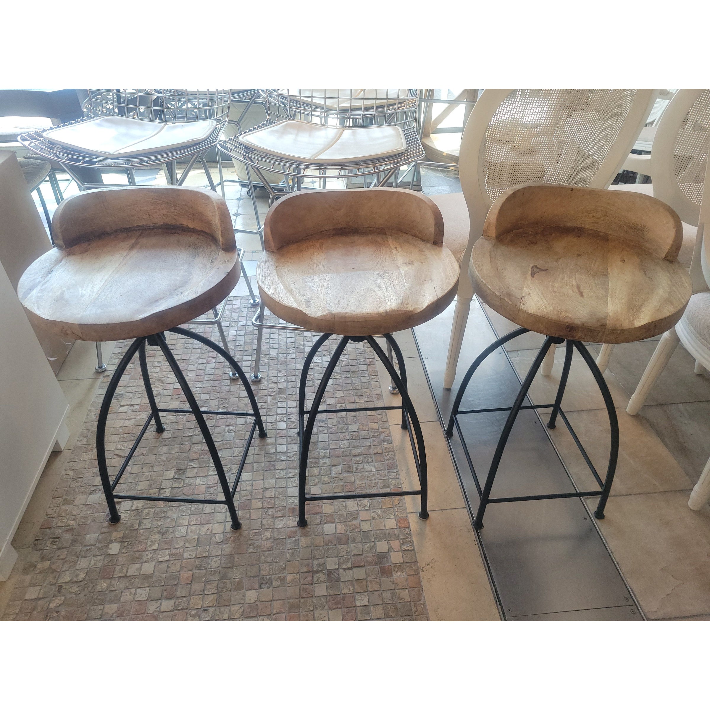 SET of 3 Henson Wood & Iron Swivel Counter Stools by Arteriors