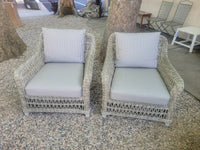 PAIR of Gray Wicker Arbor Lounge Chairs w/ Striped Cushions by Janus et Cie