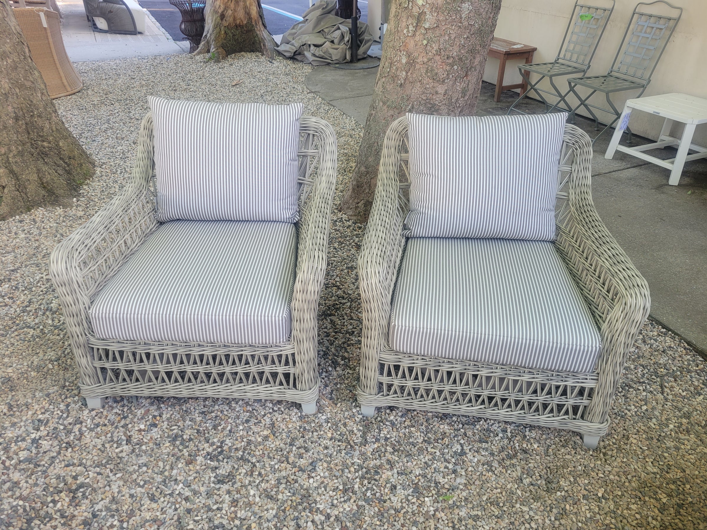 PAIR of Gray Wicker Arbor Lounge Chairs w/ Striped Cushions by Janus et Cie
