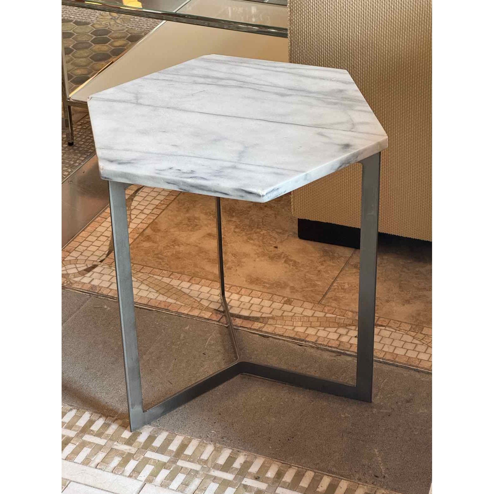 White Marble Hexagon Side Table on Metal Base - AS IS - colletteconsignment.com