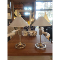 PAIR of Industrial Nickel Table Lamps w/ Glass Shades