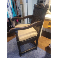 Antique Dark Wood Wainscot Arm Chair w/ Cushion