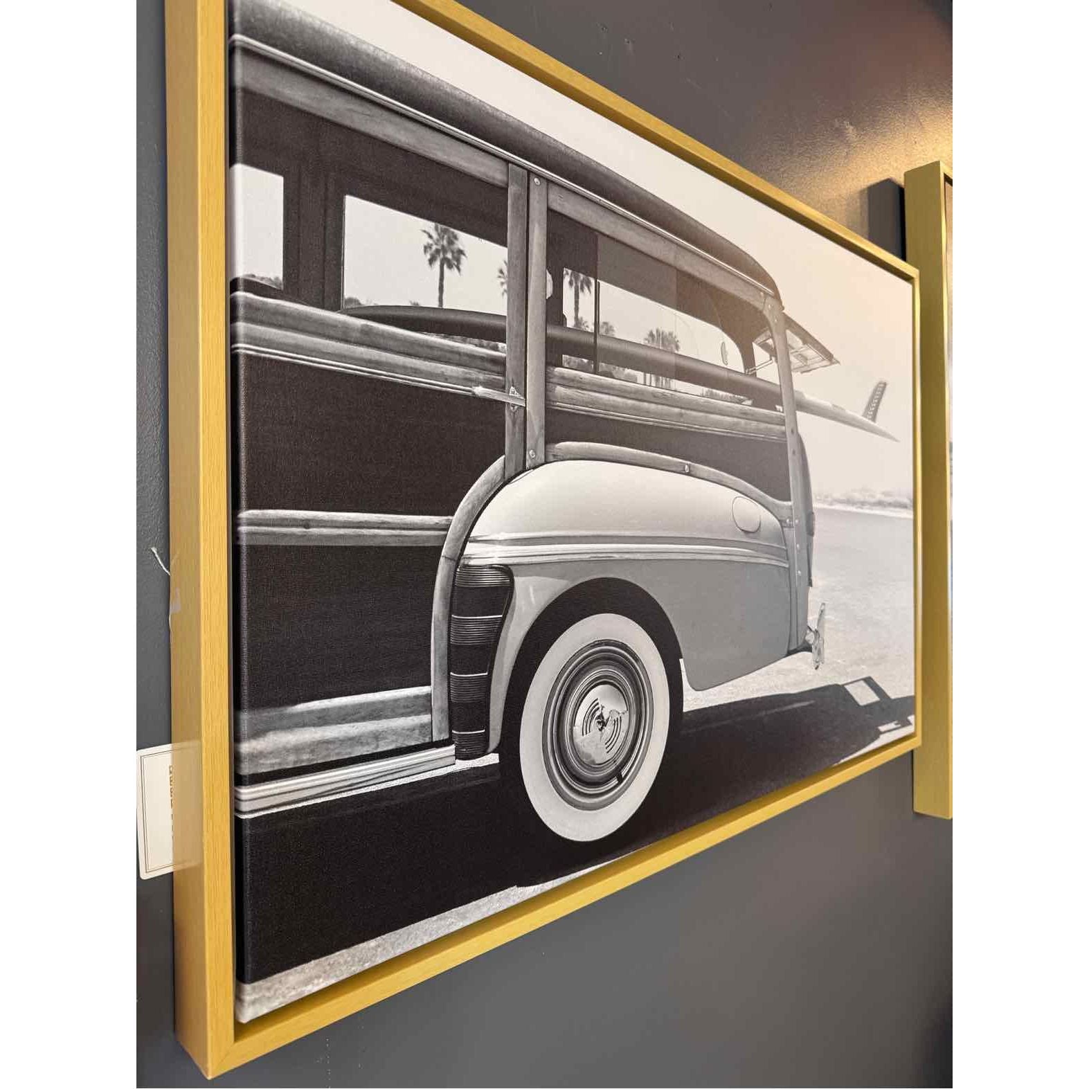 B&W Beach Car Photograph on Canvas in Floating Wood Frame