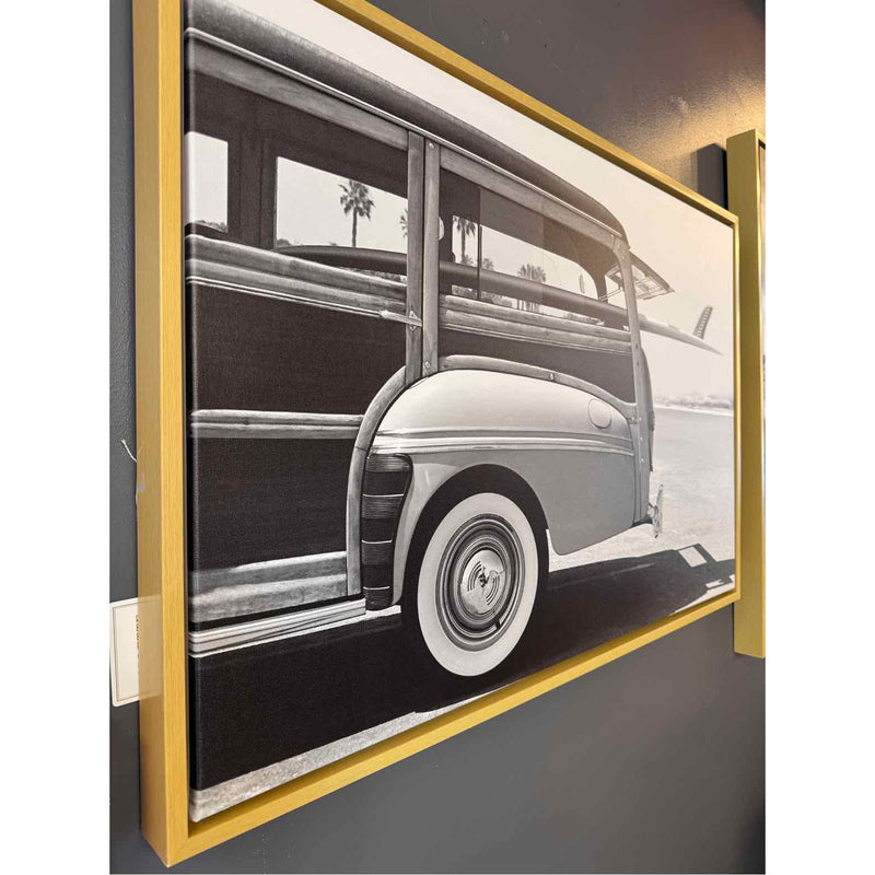 B&W Beach Car Photograph on Canvas in Floating Wood Frame