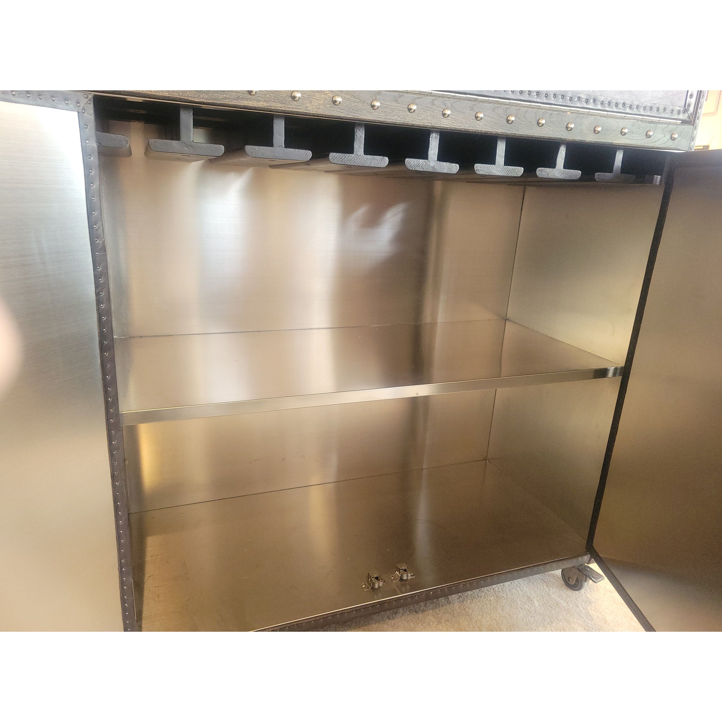 Vintage Black Leather & Steel 'Mayfair' Steamer Trunk Rolling Bar by RH - colletteconsignment.com