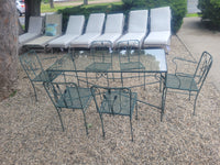 SET of 5-ft Green Iron Glass Top Dining Table, 4 Side Chairs, 2 Arm Chairs