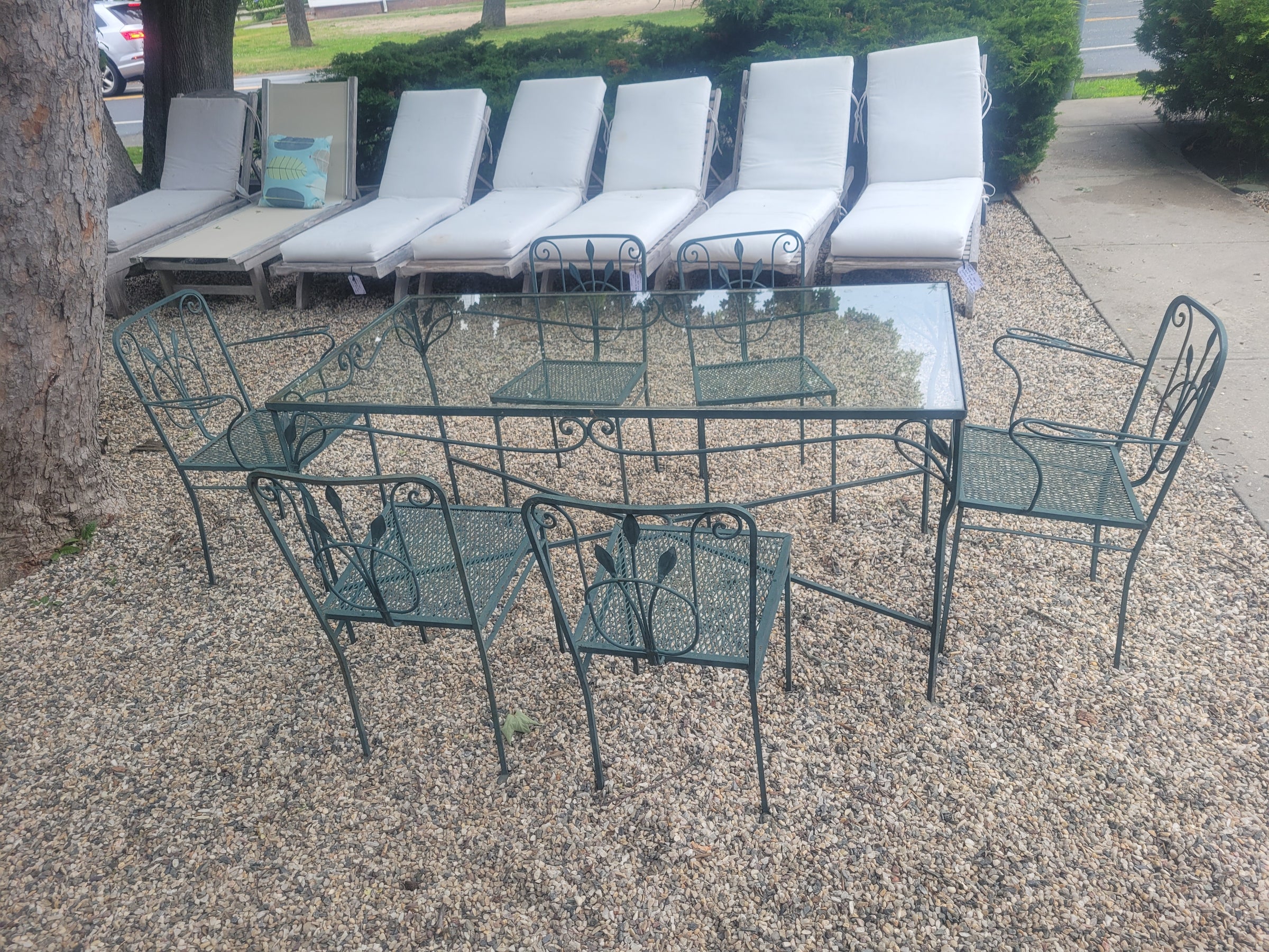 SET of 5-ft Green Iron Glass Top Dining Table, 4 Side Chairs, 2 Arm Chairs