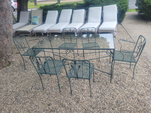 SET of 5-ft Green Iron Glass Top Dining Table, 4 Side Chairs, 2 Arm Chairs
