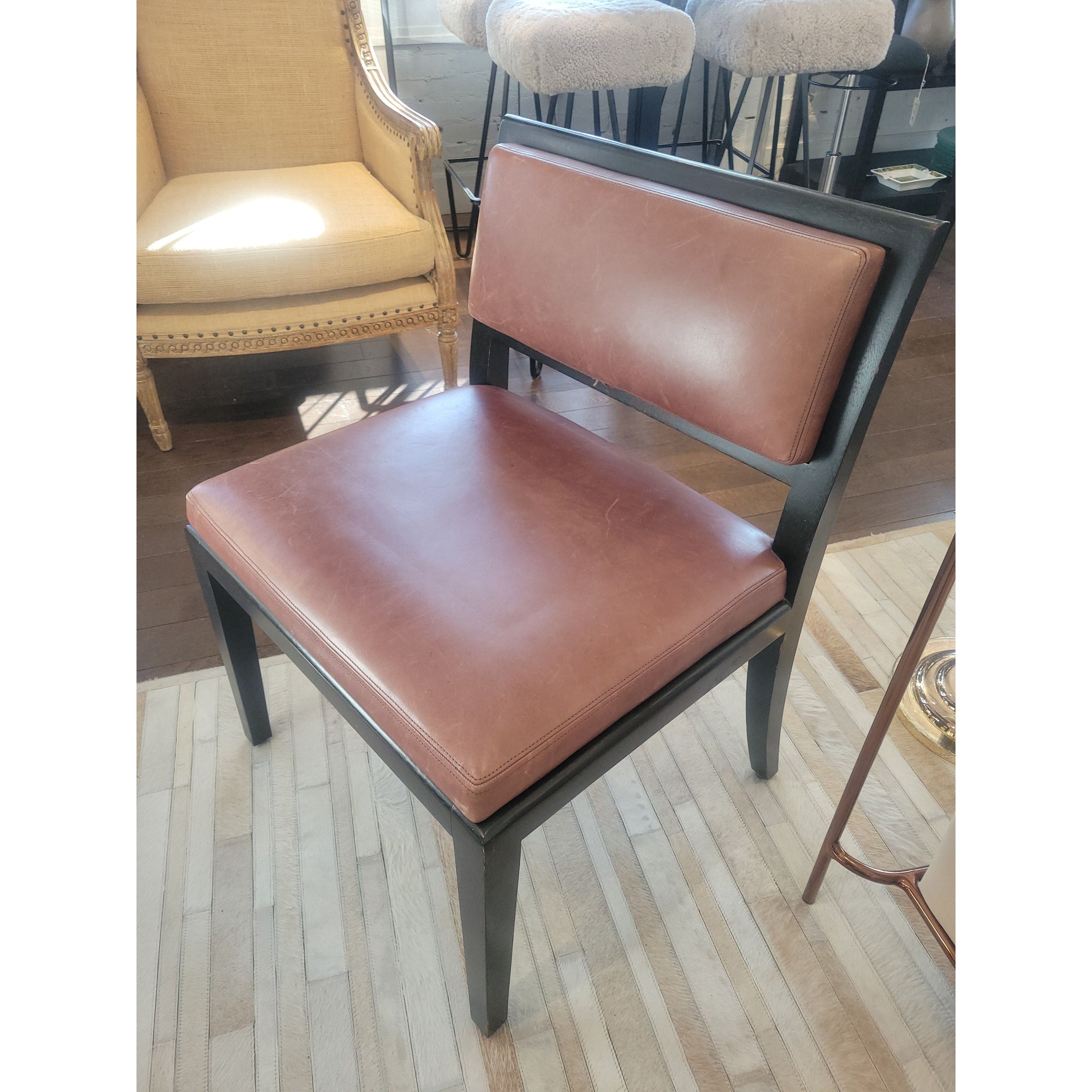 PAIR of Brown Leather & Dark Wood Chairs - colletteconsignment.com