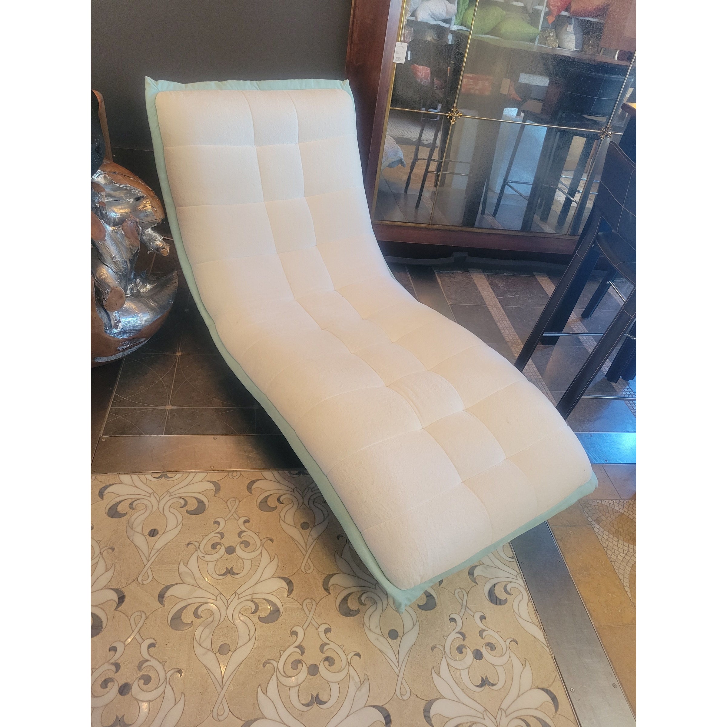 Tufted White Lounge Chair w/ Mint Green Trim