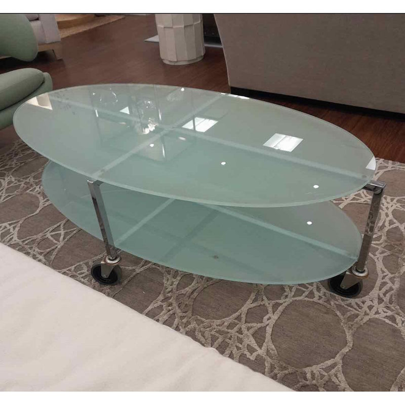 Eliptical Frosted Glass Coffee Table on Wheels