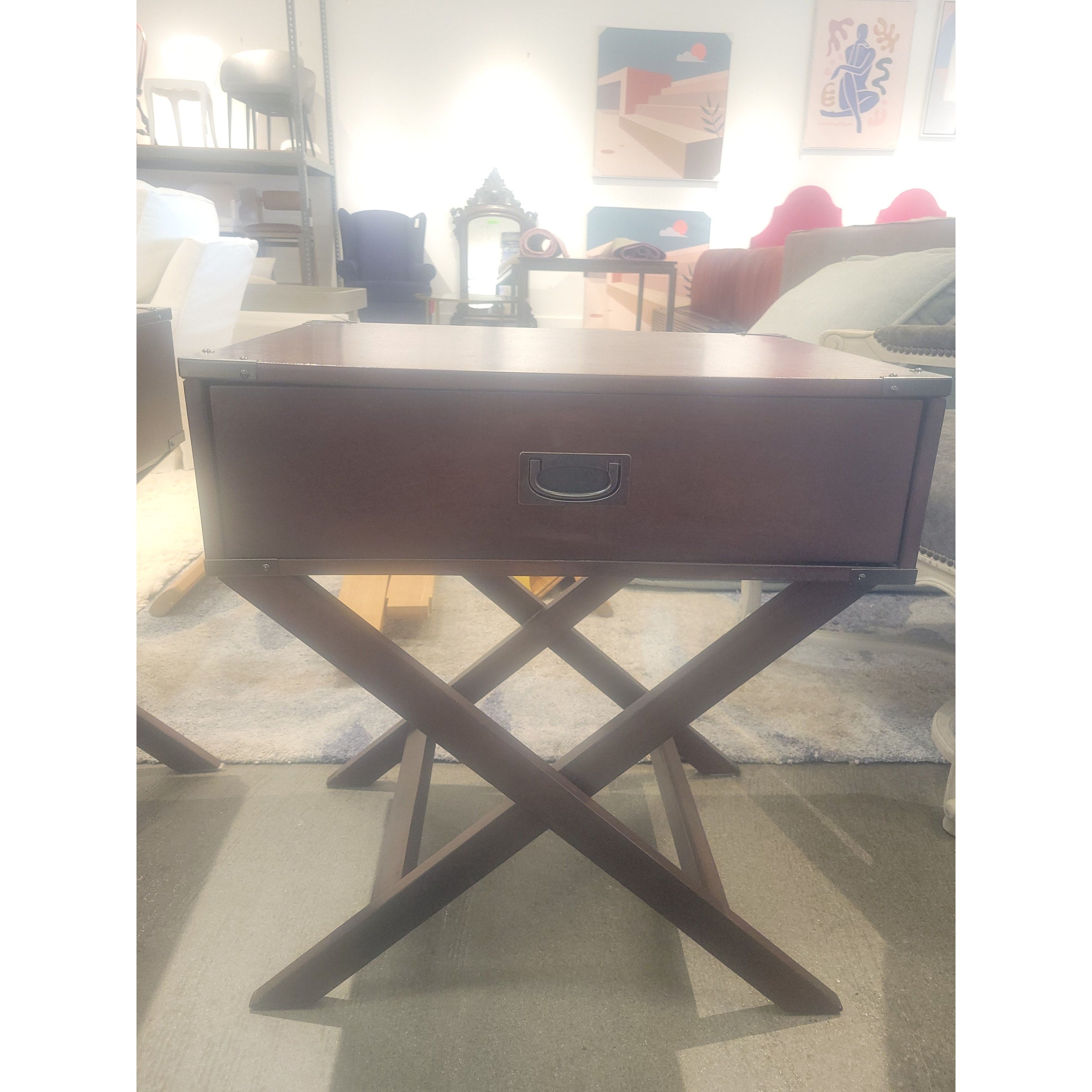 PAIR of Espresso Wood & Nickel 1-Drawer Side Tables