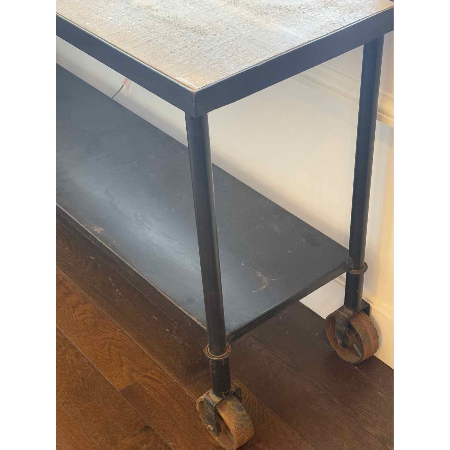 Rustic Woodtop 2-Tier Rolling Metal Console Table