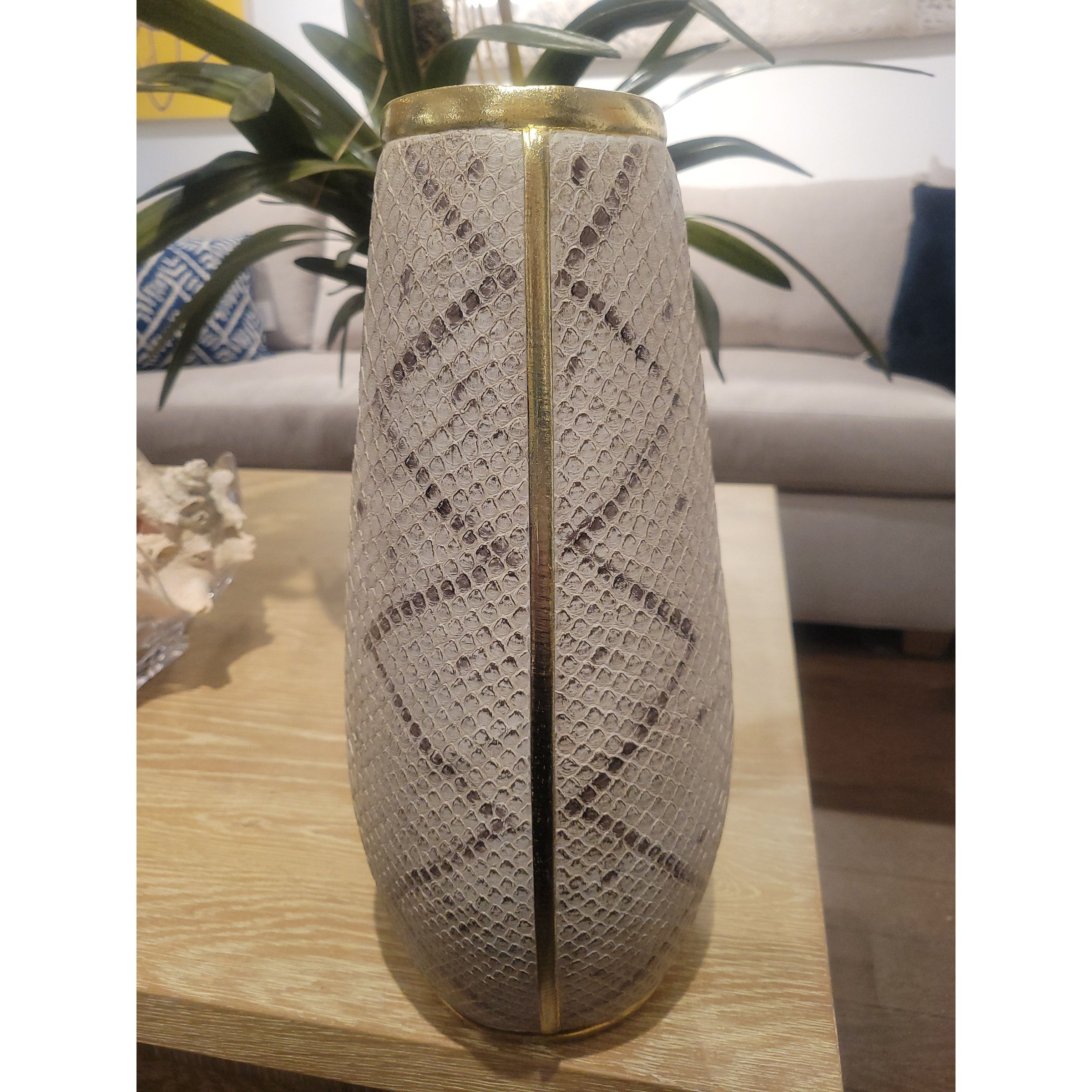 White Faux Snakeskin Textured Poly Stone & Gold Vase