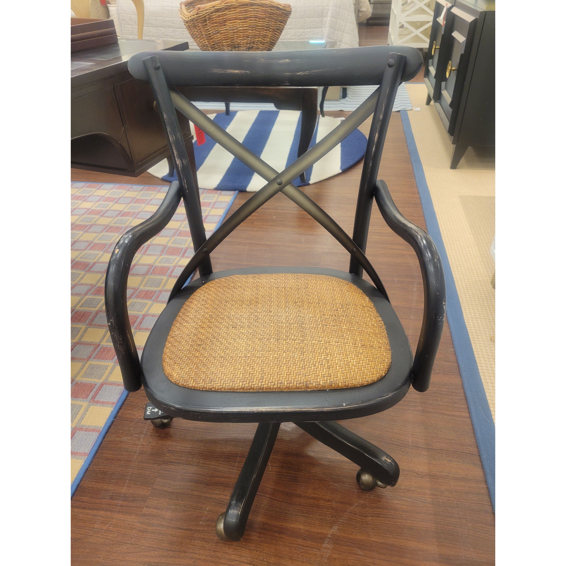 Black Birch Rolling Desk Chair w/ Rattan Seat & Metal Back by Arhaus (AS IS) - colletteconsignment.com