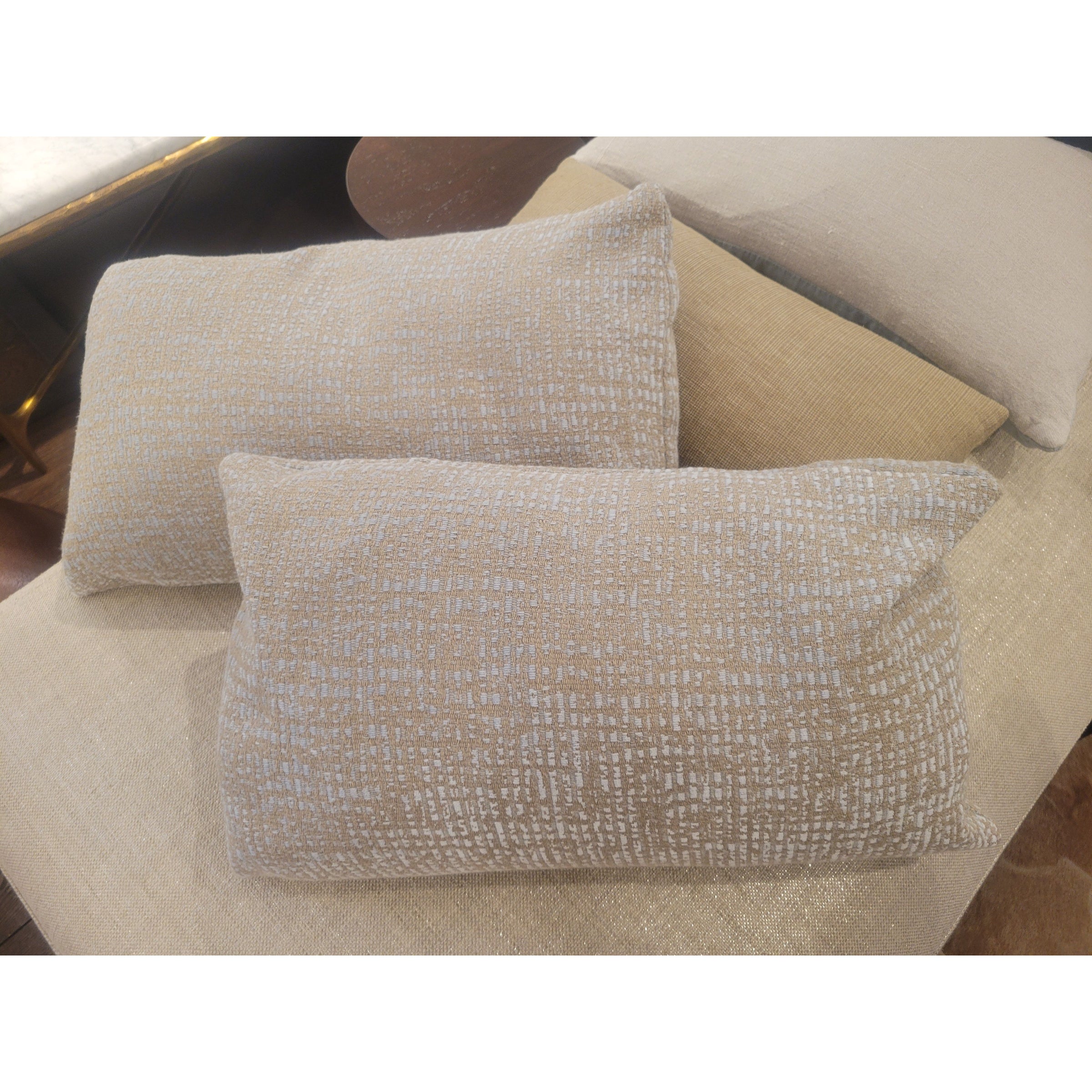 PAIR of Gray / Tan Lumbar Pillows w/ Down Inserts - colletteconsignment.com