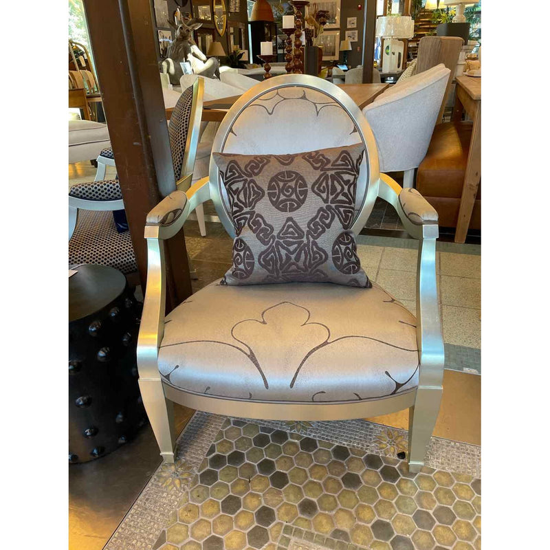 Silver & Brown Leather Oval Arm Chair by John Hutton for Donghia w/ Pillow - colletteconsignment.com