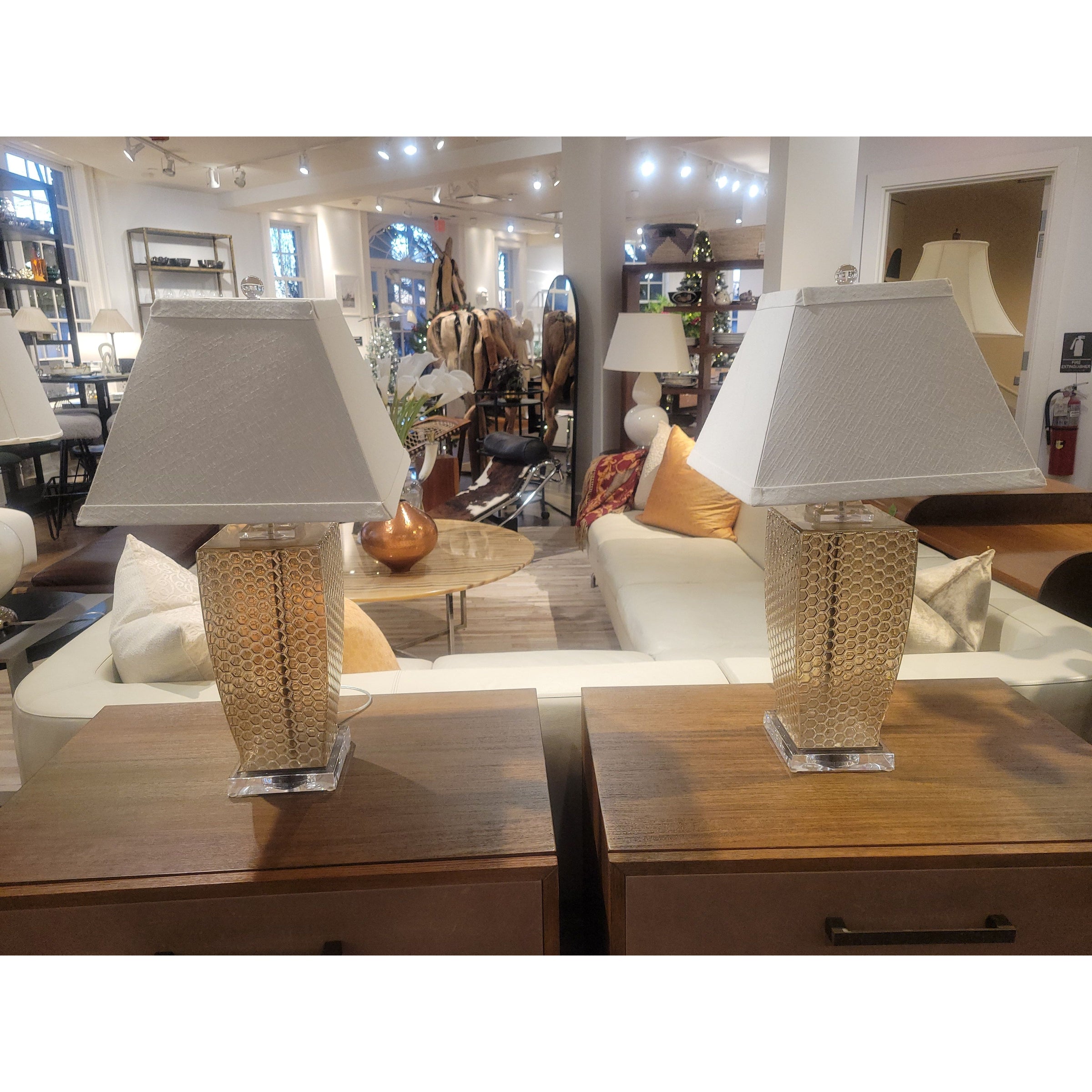 PAIR of Honeycomb Poly Table Lamps w/ Shades - colletteconsignment.com