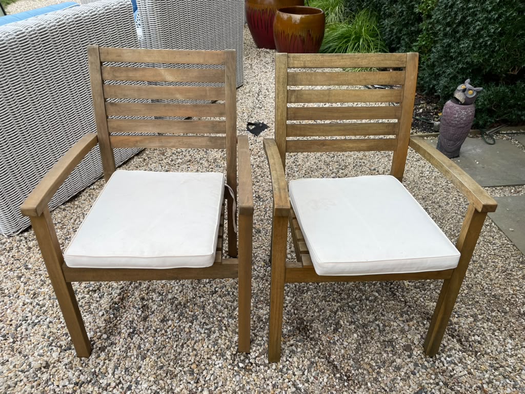 Pair of Teak Outdoor Dining Chair w/ White Cushions