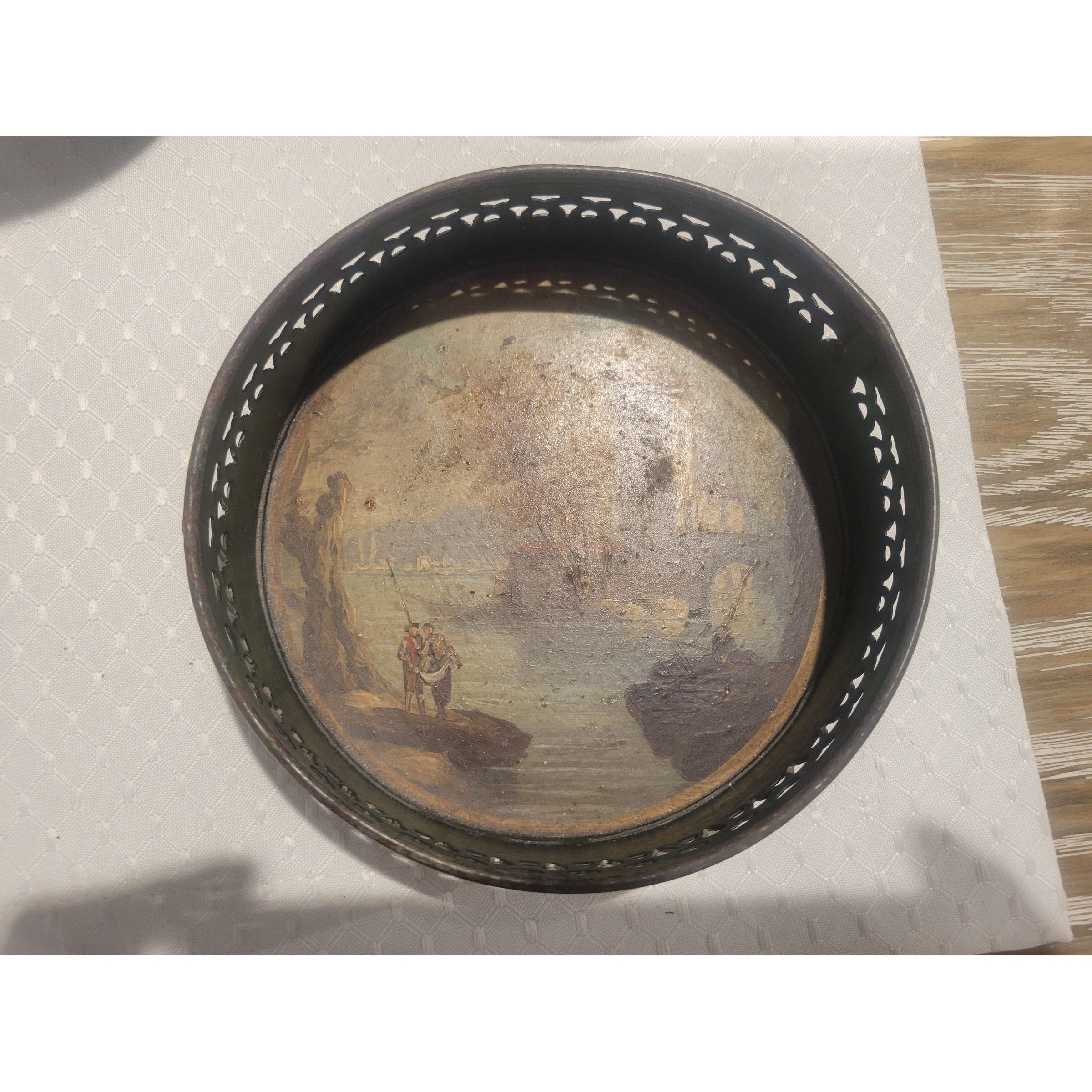 Painted Metal Wine Coaster w/ Coastal Scene Circa 19th C. - colletteconsignment.com