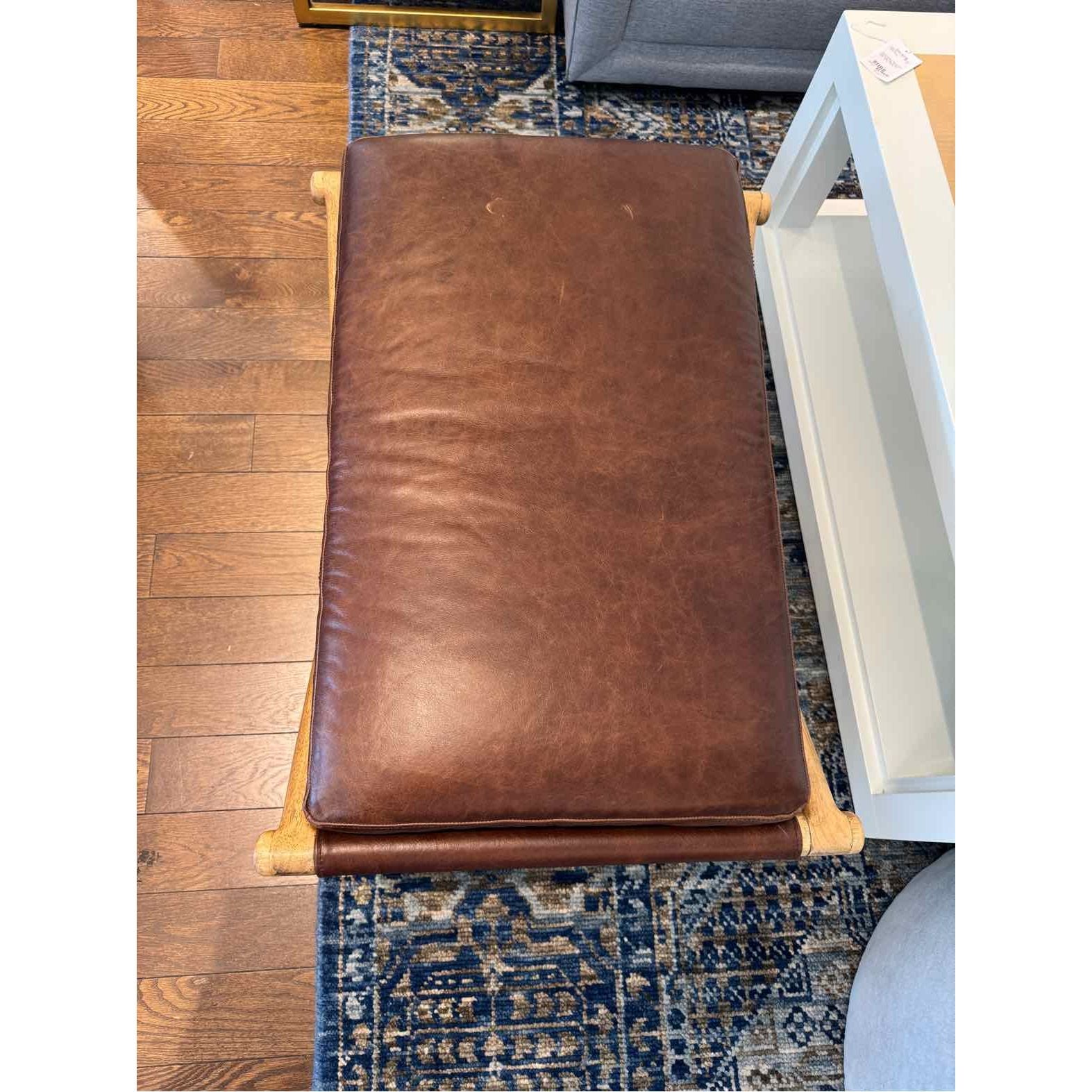 Brown Saddle Leather X Frame Walnut Bench