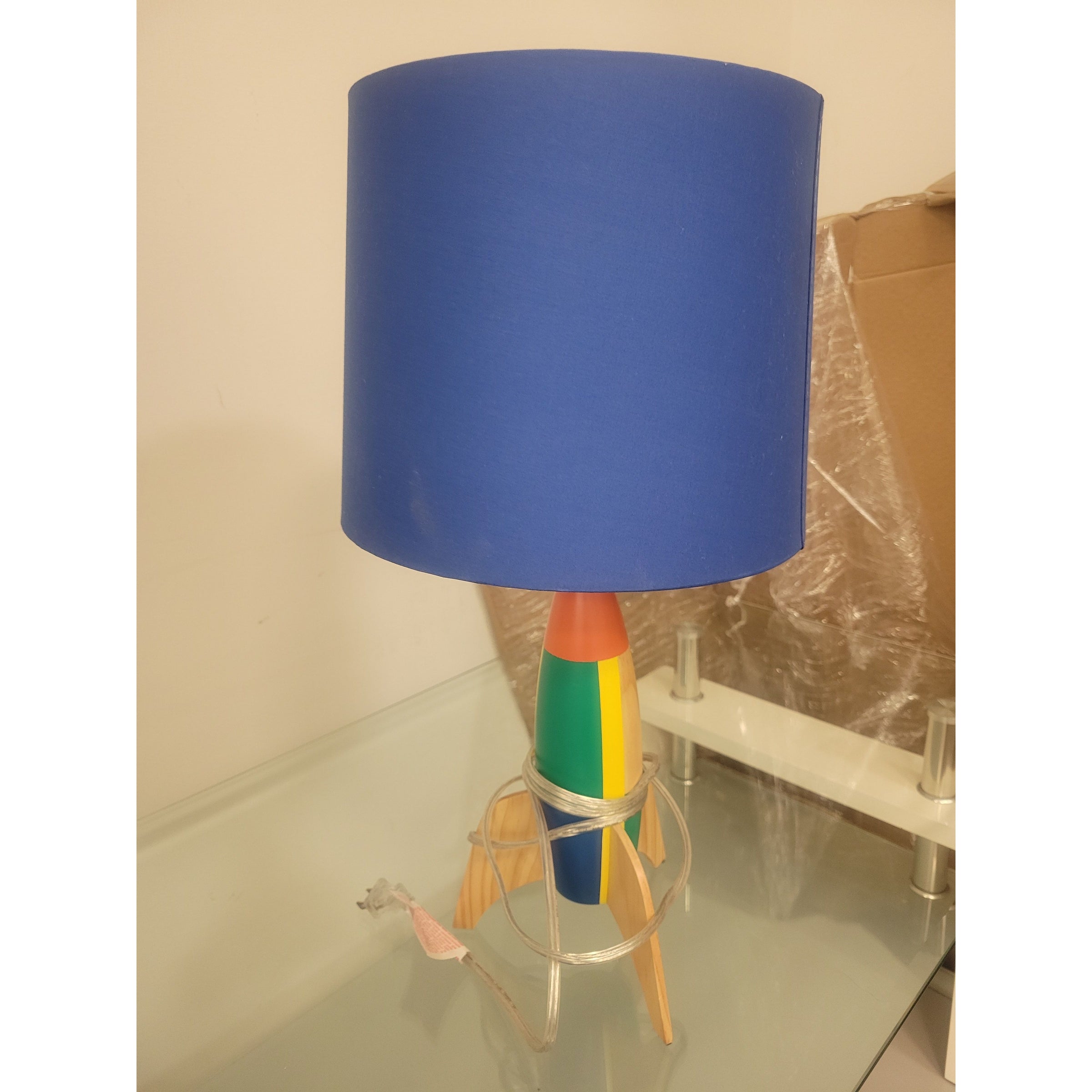 Colorblock Wood Rocket Ship Table Lamp w/ Blue Shade