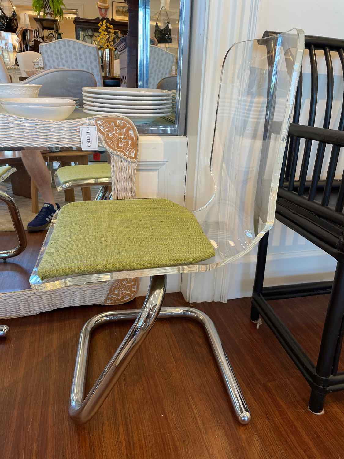 PAIR of Mid-Century Lucite & Chrome Chairs w/ Green Seats by Luigi Bardini