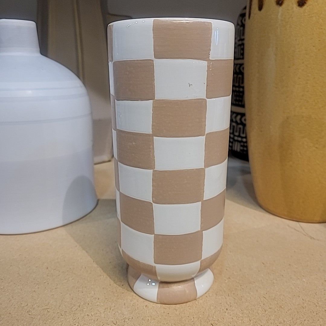 Glazed Tan & White Checkered Print Ceramic Vase