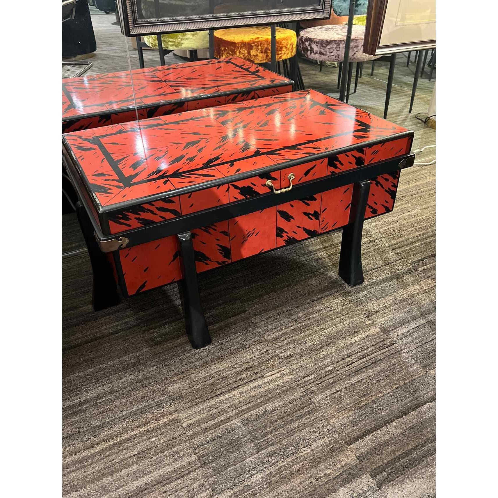 Orange Red& Black Brush Stroke Patterned Occasional Table with Iron Frame Legs