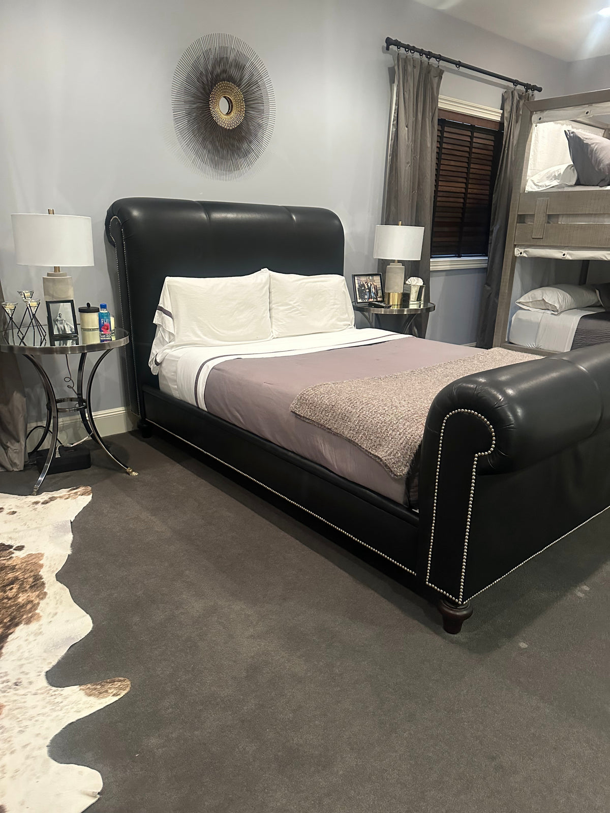Queen-Sized Black Leather Scroll Bed w/ Nailhead Trim by Ralph Lauren (AS IS)