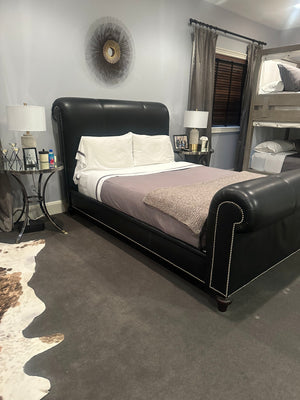 Queen-Sized Black Leather Scroll Bed w/ Nailhead Trim by Ralph Lauren (AS IS)