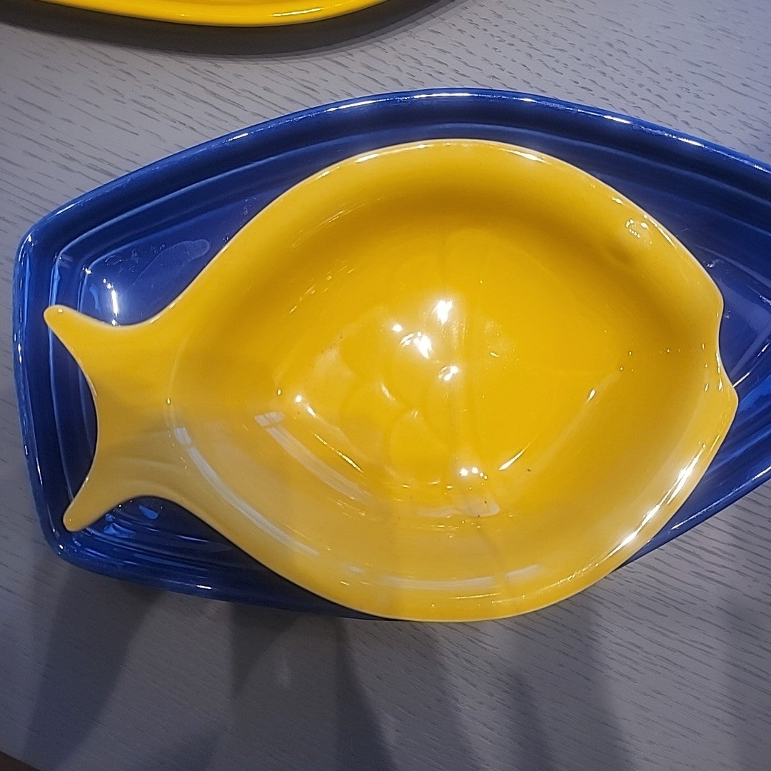 Set of French 2-Blue & 2-Yellow Serving Bowls Fish and Boat 8"L x 6"W x 2"H