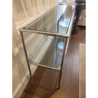 1970s Chrome Bamboo Style Console Table w/ Clear Glass Shelf & Smoky Top (As Is)