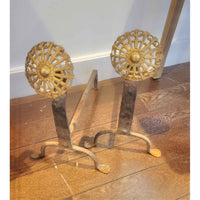 Pair of Metal Andirons w/ Brass Flower Trim